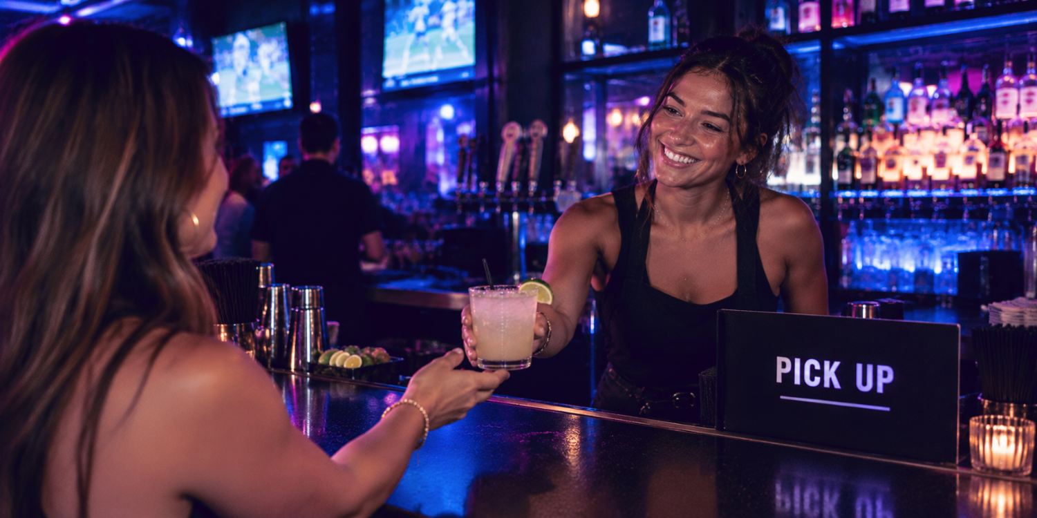Bartender handing a drink to a guest across the bar next to a Pick Up sign